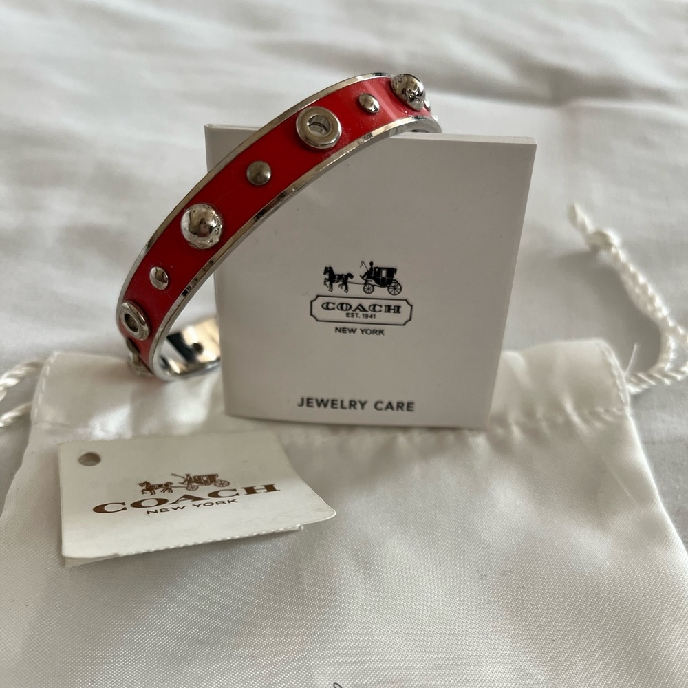 COACH Enamel Bangle Bracelet in Silver/Orange with COACH Jewelry Pouch